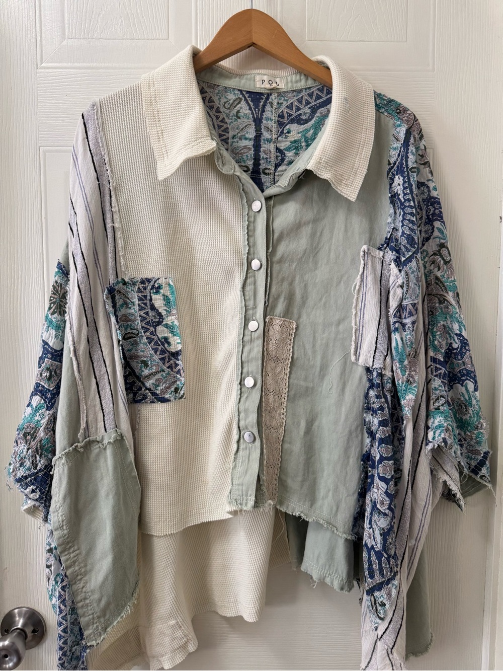 POL Patchwork Casual Button-Down Shirt in Sage, Ivory and Blue